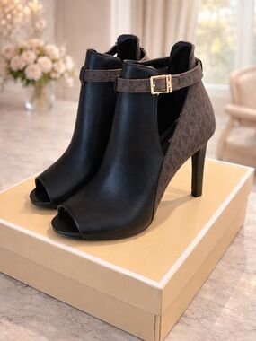 Peep-Toe High Heel Ankle Boots in Black and Brown